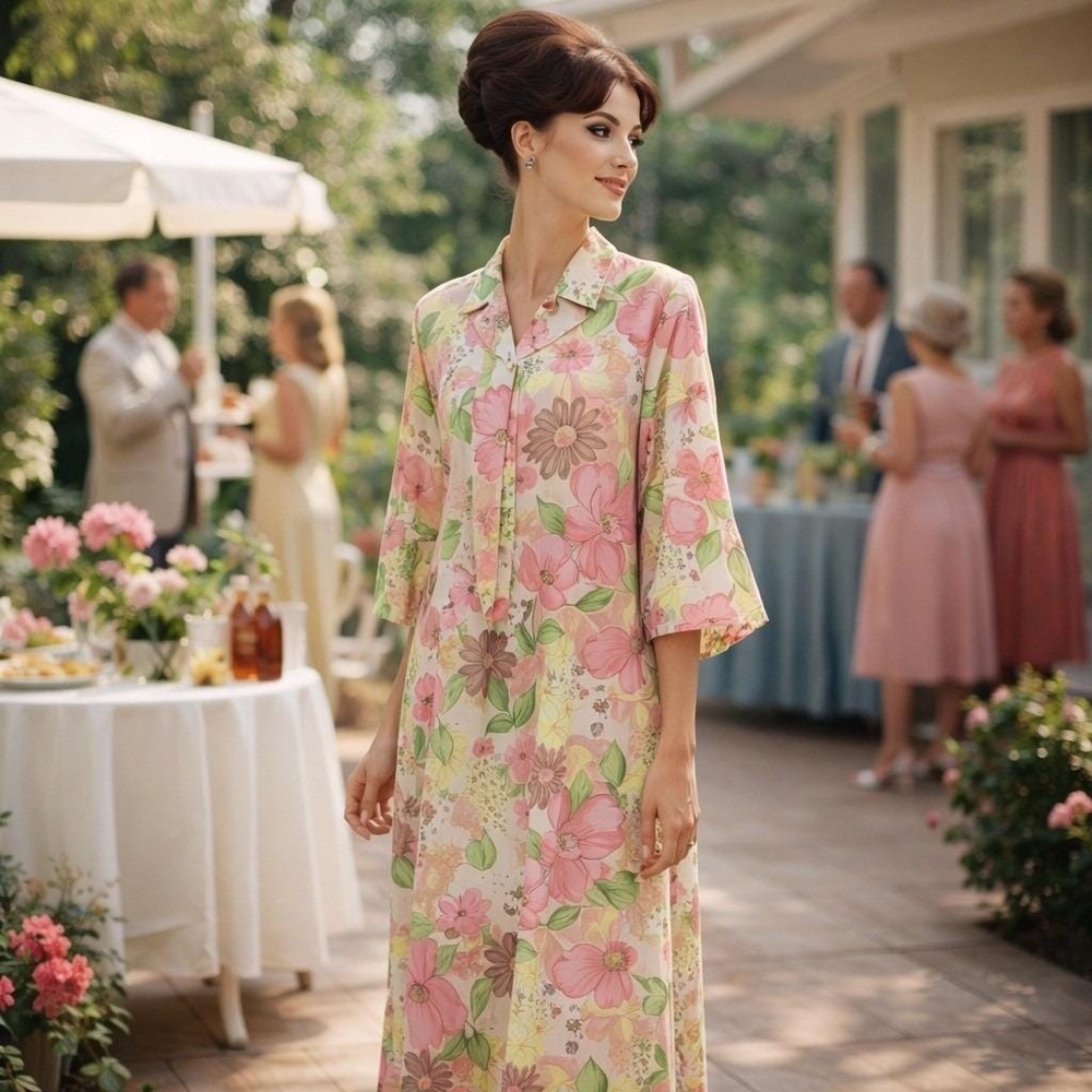 Vintage 60s Floral Maxi House Dress‎ Pink Yellow Zip Front Lounge Robe Mod